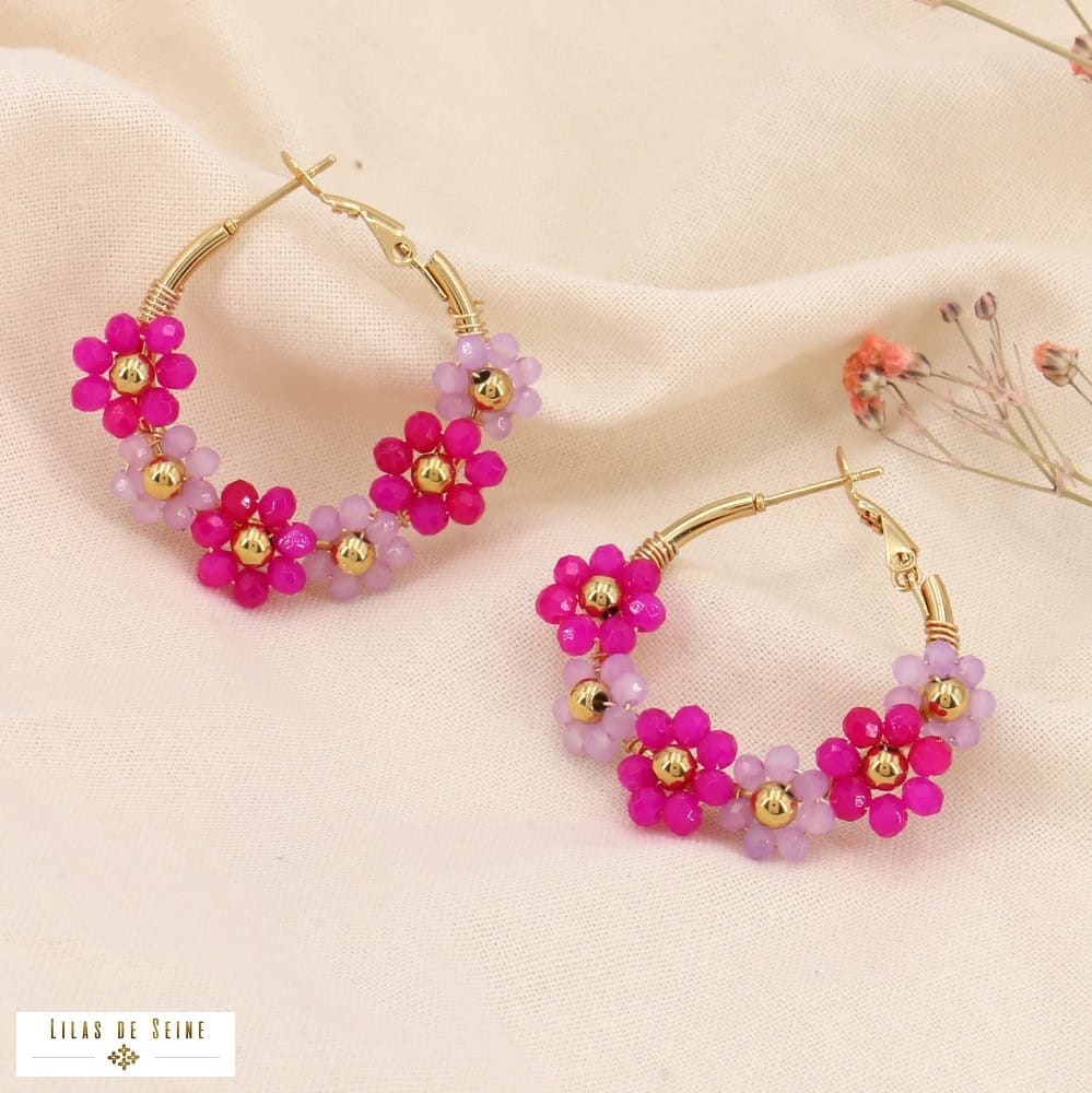 Boucles d'oreilles en acier inoxydable et perles fleurs