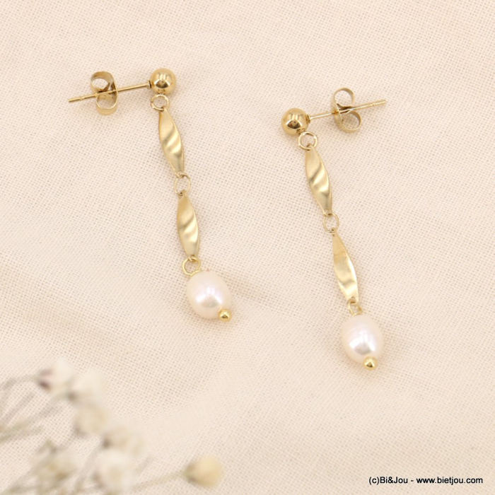 Boucles d’oreilles pendantes en acier et perles d’eau douce naturelles