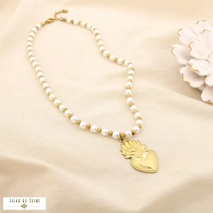 Collier perles et cœur sacré en acier inoxydable
